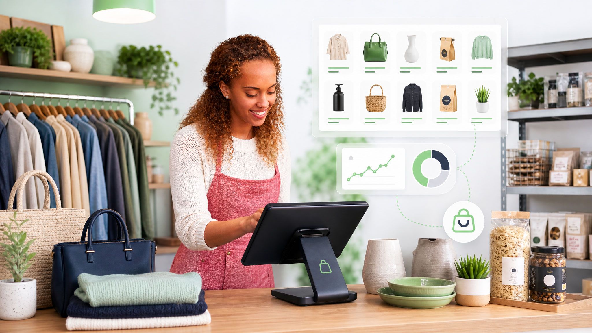 MyShopie storefront selling clothing, homeware, food, bags and plants from one catalog