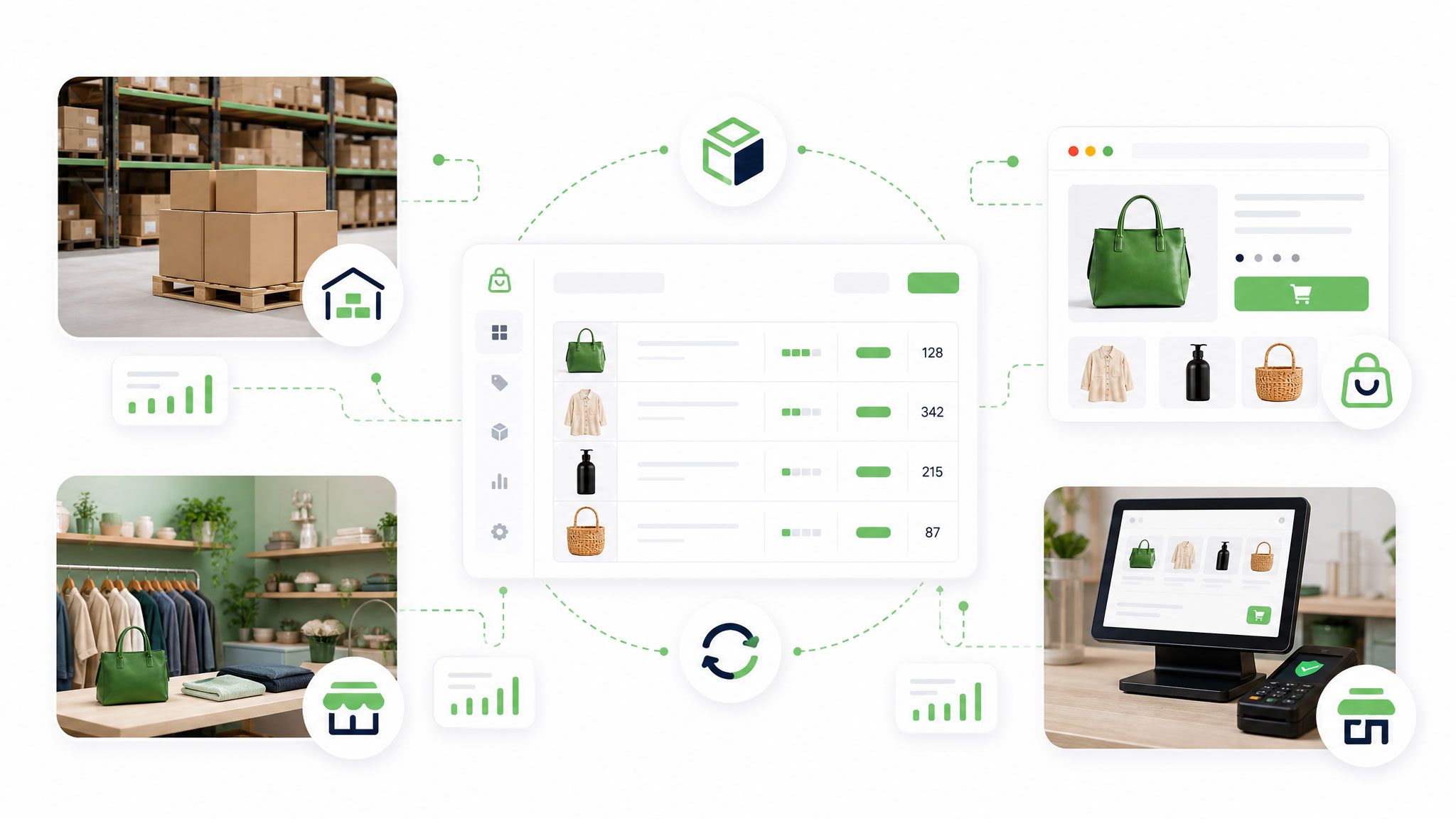 MyShopie warehouse inventory management syncing stock counts across shelves, POS and product pages