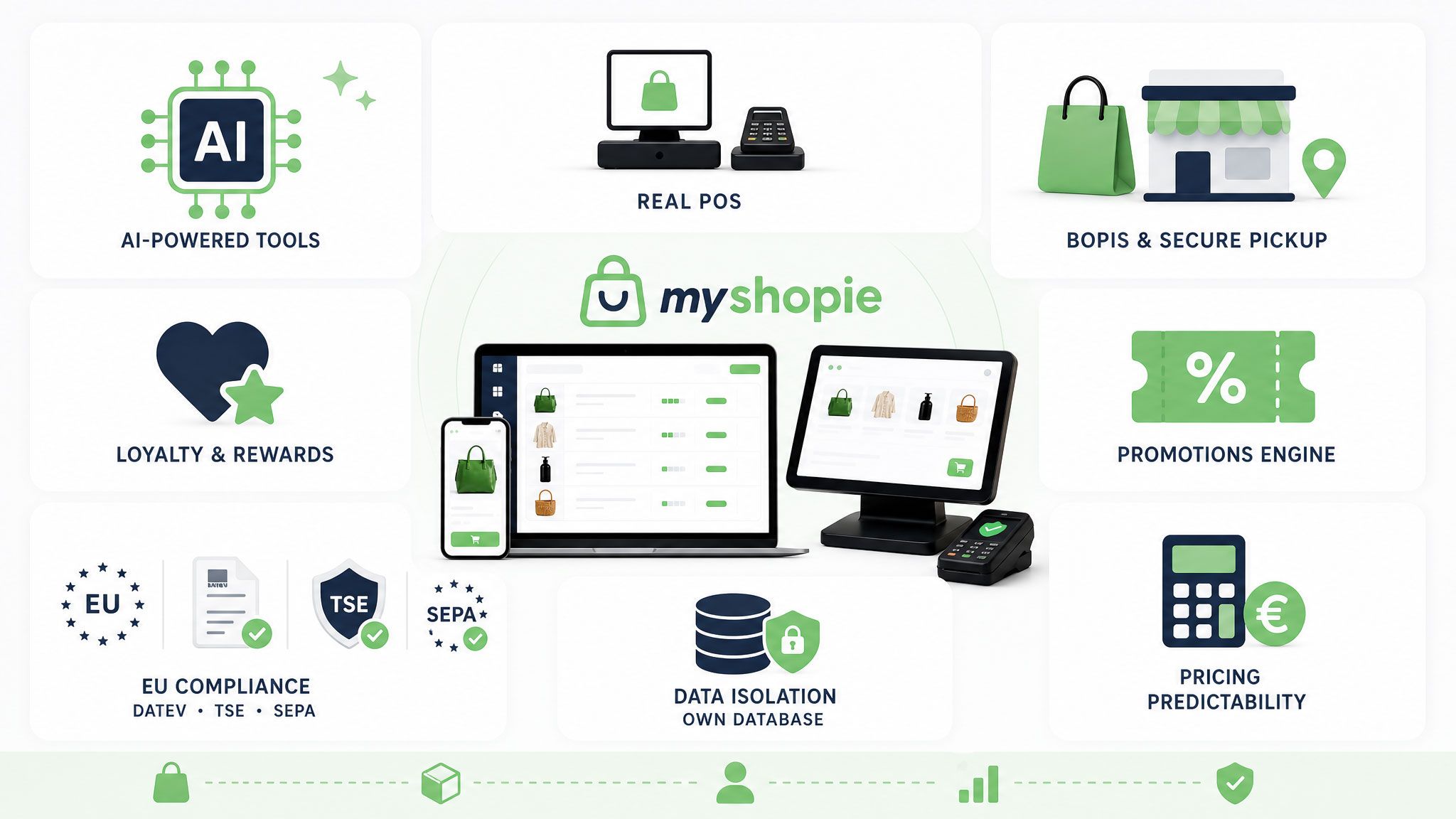 MyShopie all-in-one platform overview showing POS, pickup, loyalty, promotions and EU compliance in one place